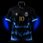 GOAT 10 Midnight Blue football jersey front view featuring a black base, electric blue energy pattern, gold number 10, chest crest and light blue cuffs.