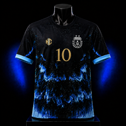 GOAT 10 Midnight Blue football jersey front view featuring a black base, electric blue energy pattern, gold number 10, chest crest and light blue cuffs.