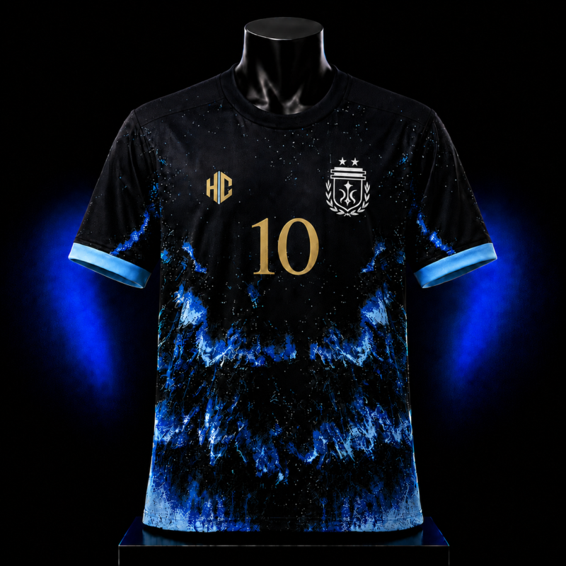 GOAT 10 Midnight Blue football jersey front view featuring a black base, electric blue energy pattern, gold number 10, chest crest and light blue cuffs.