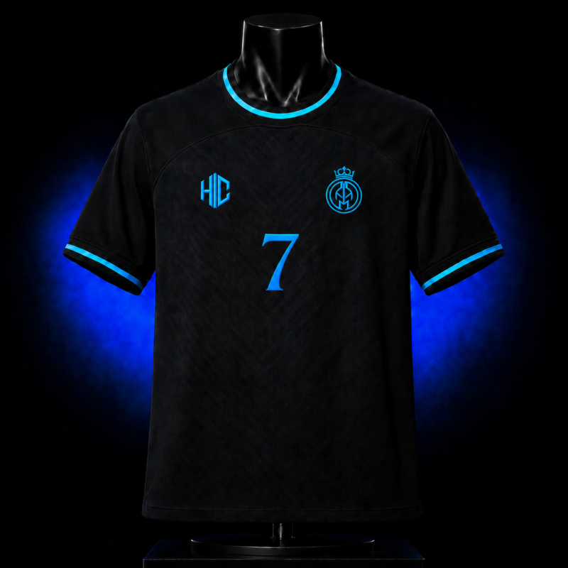 Front view of the TORTUGA 7 black football jersey featuring electric-blue collar and sleeve trim, custom chest emblems and blue number 7.